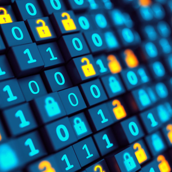 Graphic with blue computer code and yellow locks on a black background